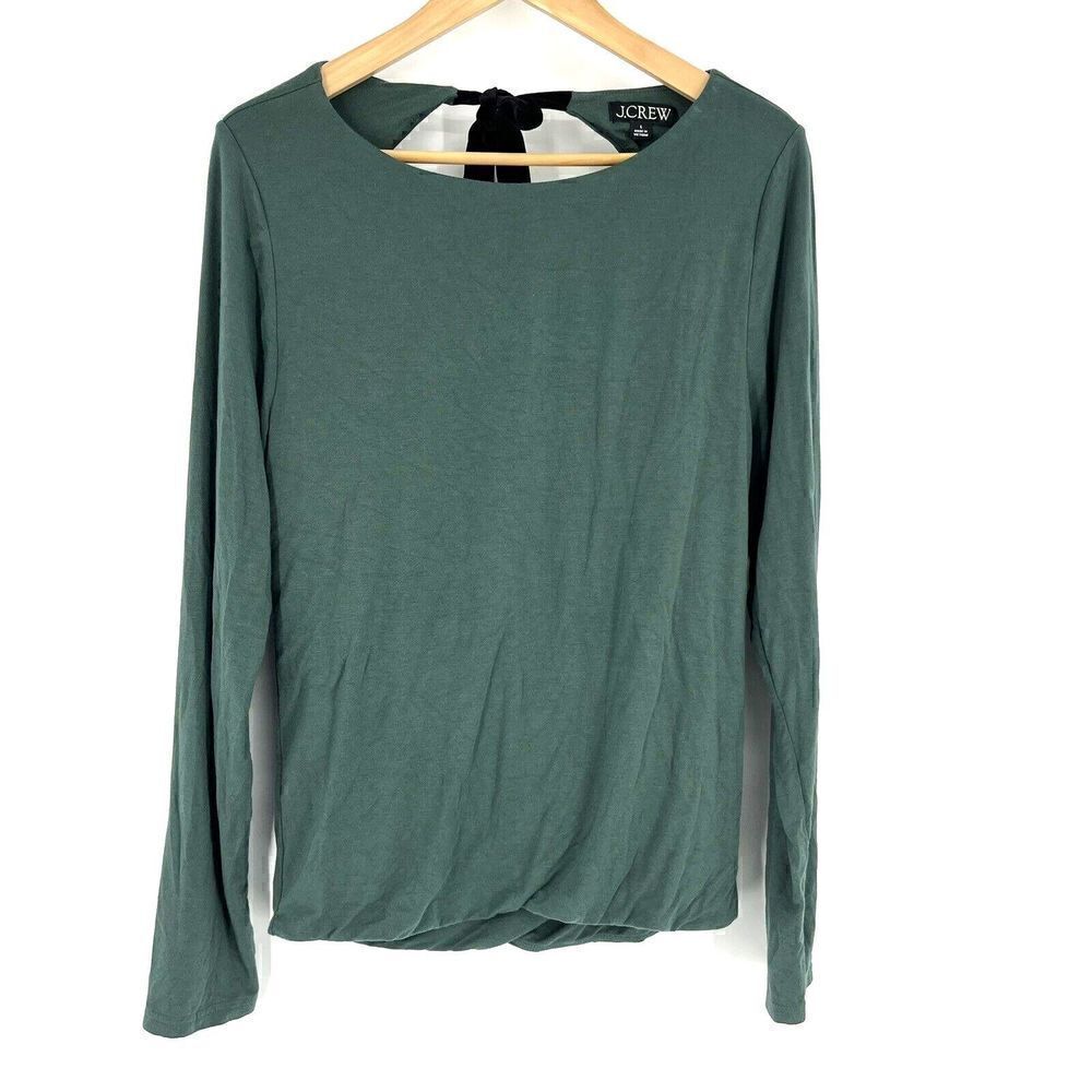 J Crew Top Size Large Womens Green FormKnit Open Back Top Velvet Bow Holiday